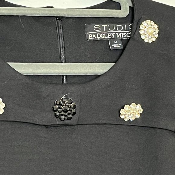 Badgley Mishka Studio Little Black Shift Dress‎ Rhinestone Button Details Medium - Picture 3 of 9